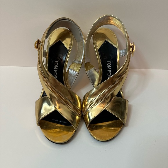 Tom Ford Gold Sling Back Sandal Heels - Picture 2 of 8